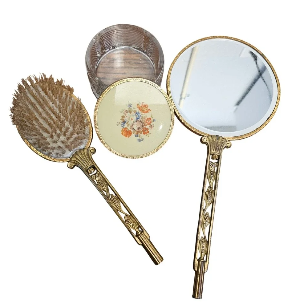 Vintage 3pc Vanity Set Floral Enamel Gold Filigree Mirror Brush Crystal Jar